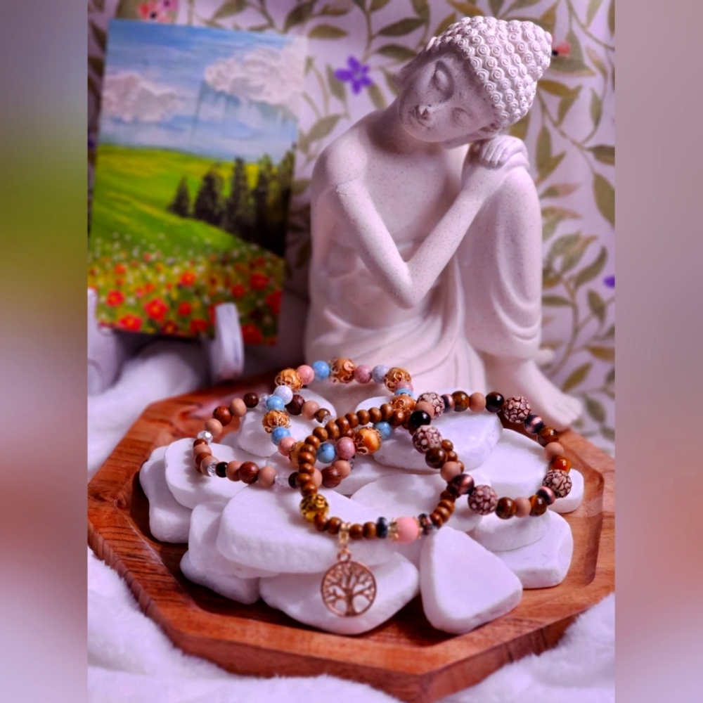 Beautiful teak wooden beads with family tree mala stackable bracelet